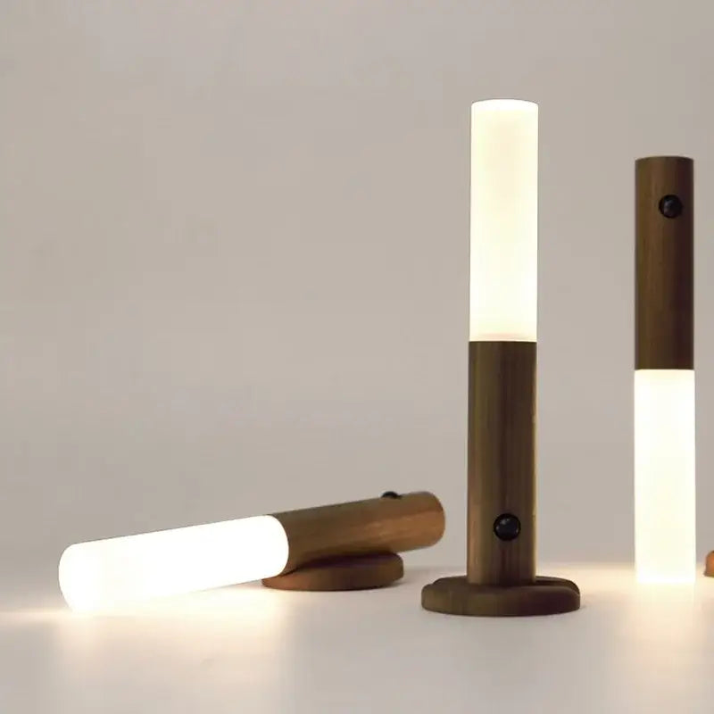 Wooden cylindrical DecorBites led night light with frosted diffuser and motion sensor for bedside use