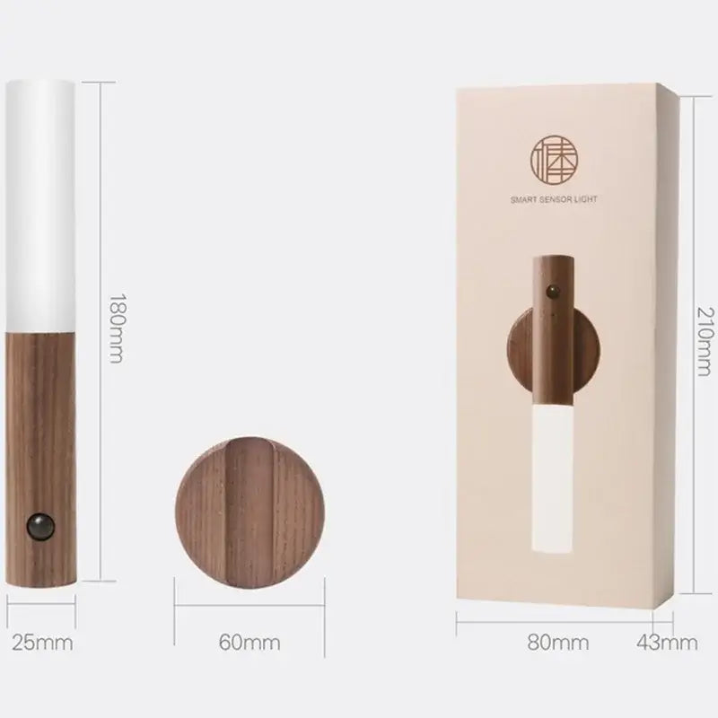 A sleek decorbites led night sensor wall light with warm wood finish and frosted glass diffuser for bedside use