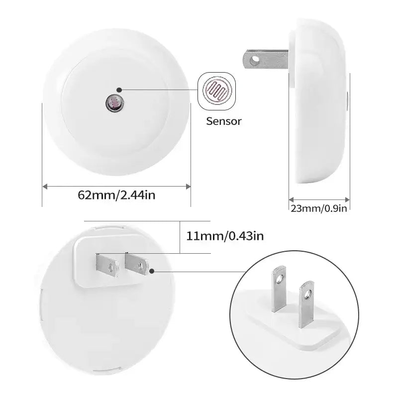 White decorbites led night light smart sensor with smooth plastic body and metallic plug prongs for home use