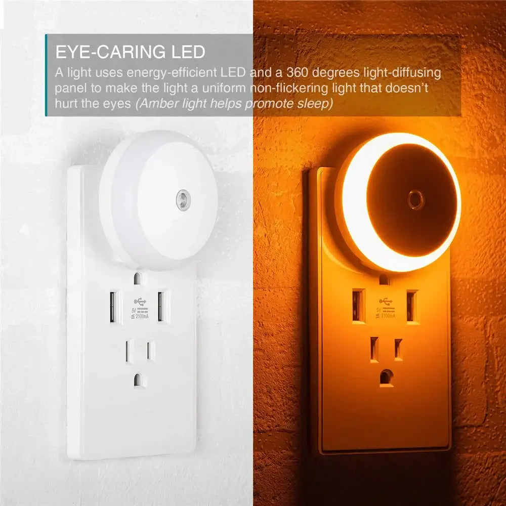 White circular decorbites led night light with amber glow and smart sensor usb ports on plug base for home use