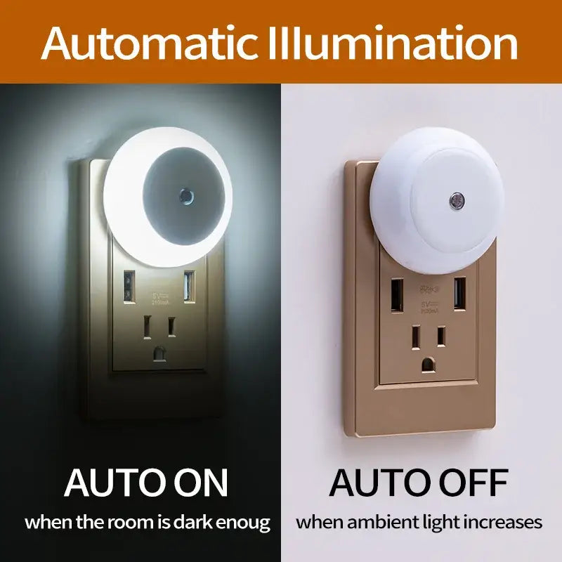 White circular DecorBites LED night light with smart sensor for automatic illumination in home bedrooms and hallways