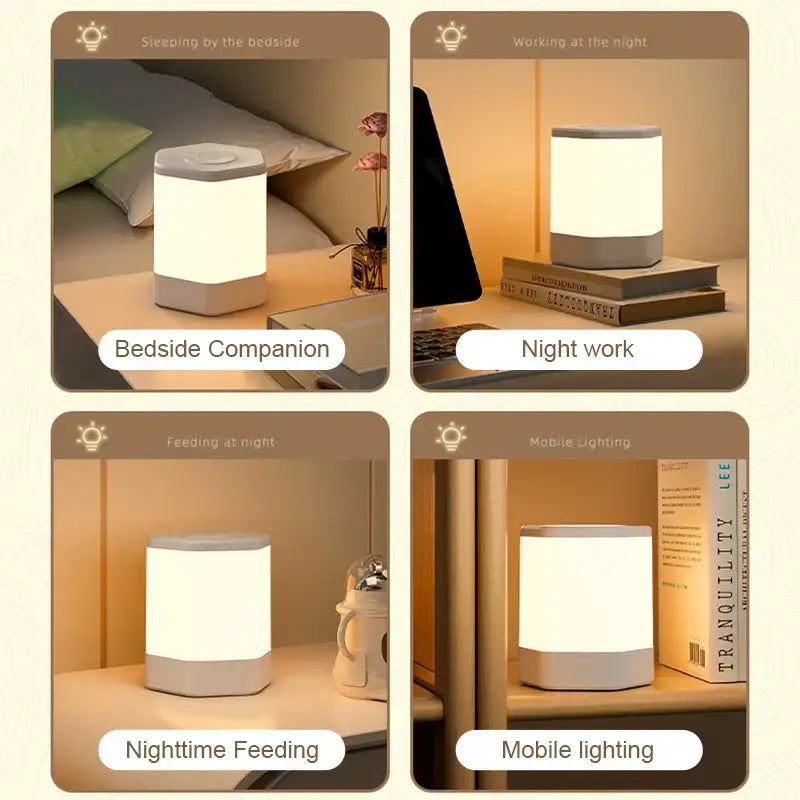 A sleek cylindrical DecorBites LED night light with soft white glow and gray accents for bedside table use
