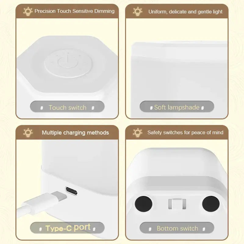 White hexagonal decorbites led night light with touch dimming and type-c port for bedside table lighting