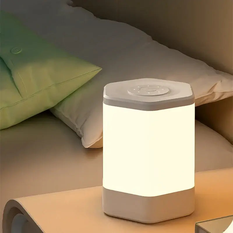 A sleek hexagonal decorbites led night light with soft white glow and gray plastic casing for bedside table use