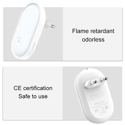 White plastic DecorBites led night light with sleek oval design and integrated power plug for bedroom wall lamp use