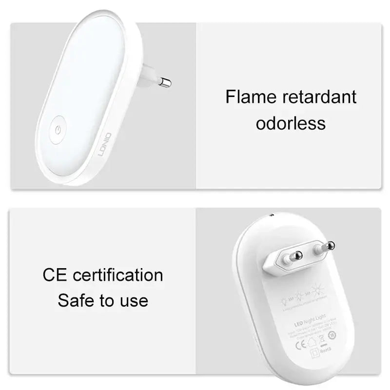 White plastic DecorBites led night light with sleek oval design and integrated power plug for bedroom wall lamp use