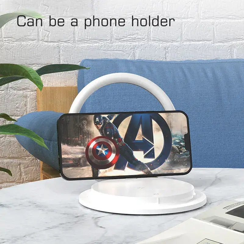 White circular phone stand with curved handle and base for upright smartphone holding in decorbites led night light