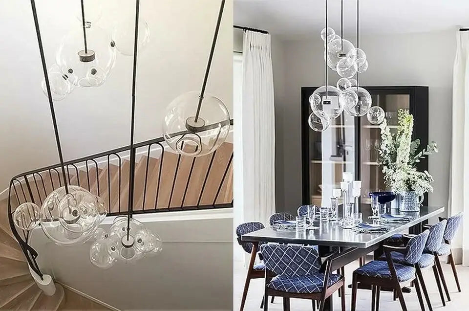 Clear glass bubble pendant lights suspended by black cords in decorbites™ led nordic bubble chandelier for home lighting