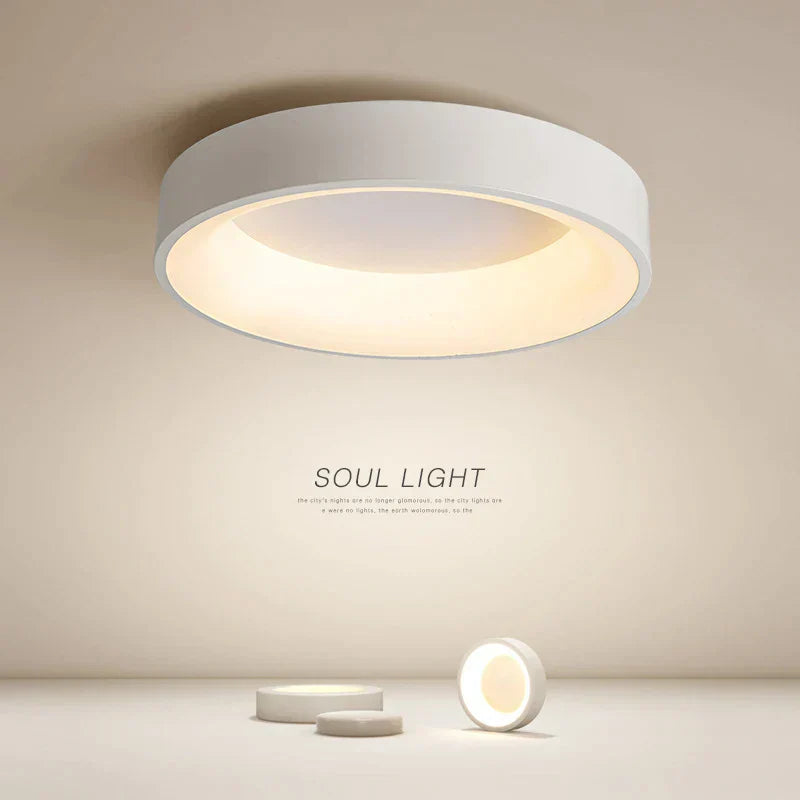 White circular ceiling light with frosted glass shade and modern design.