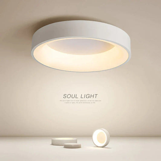 White circular ceiling light with frosted glass shade and modern design.