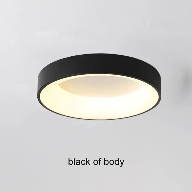 Black circular ceiling light with white inner ring and modern design.