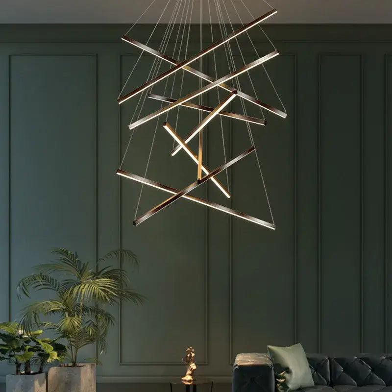 Modern geometric decorbites led nordic chandelier with brushed gold and silver rods for living dining and bedroom lighting