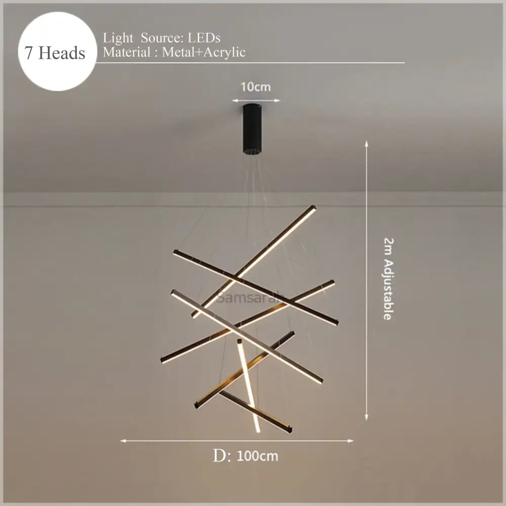 Modern black and gold decorbites led nordic chandelier with seven intersecting light bars for living and dining rooms