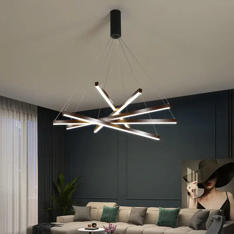 Modern geometric decorbites led nordic chandelier with intersecting metallic rods and integrated led lighting for home use