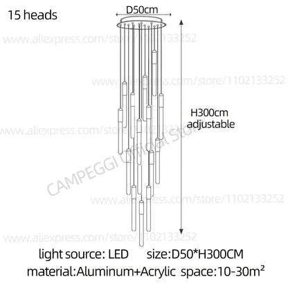 A modern adjustable 15-head aluminum and acrylic led nordic cylinder chandelier for indoor staircase lighting by decorbites led nordic