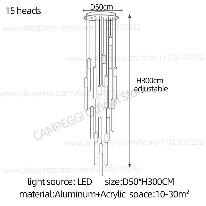 A modern adjustable 15-head aluminum and acrylic led nordic cylinder chandelier for indoor staircase lighting by decorbites led nordic