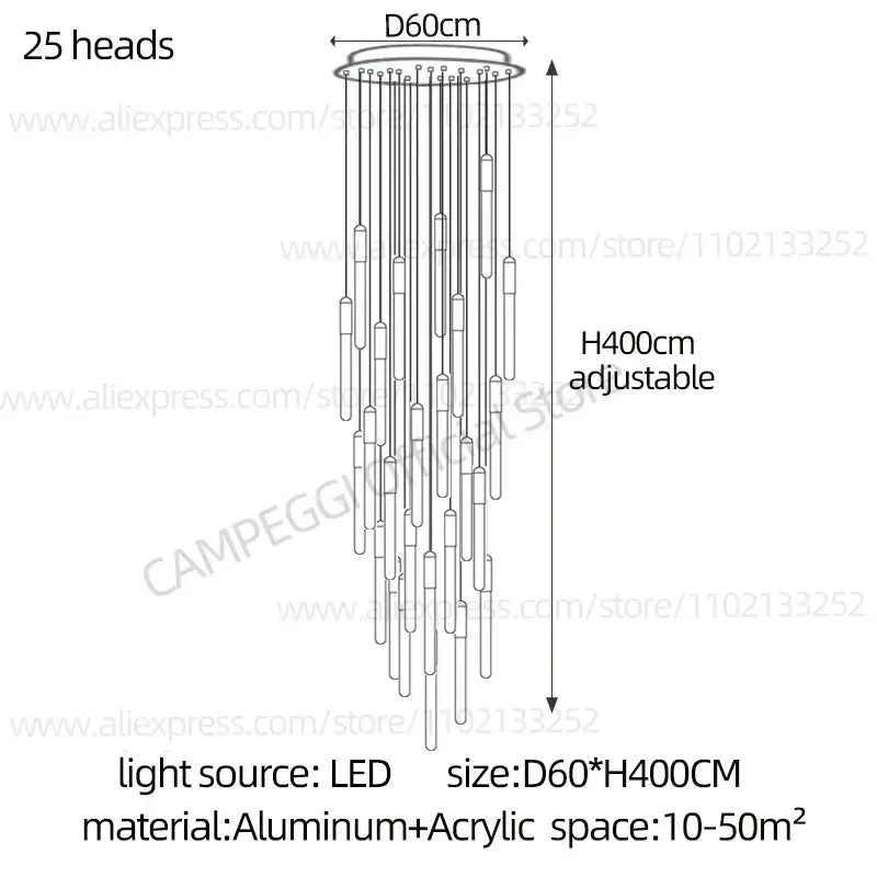 DecorBites led nordic cylinder chandelier with 25 adjustable LED heads suspended from aluminum base for indoor use