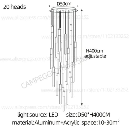 Modern aluminum and acrylic decorbites led nordic cylinder chandelier with 20 adjustable lights for indoor decor