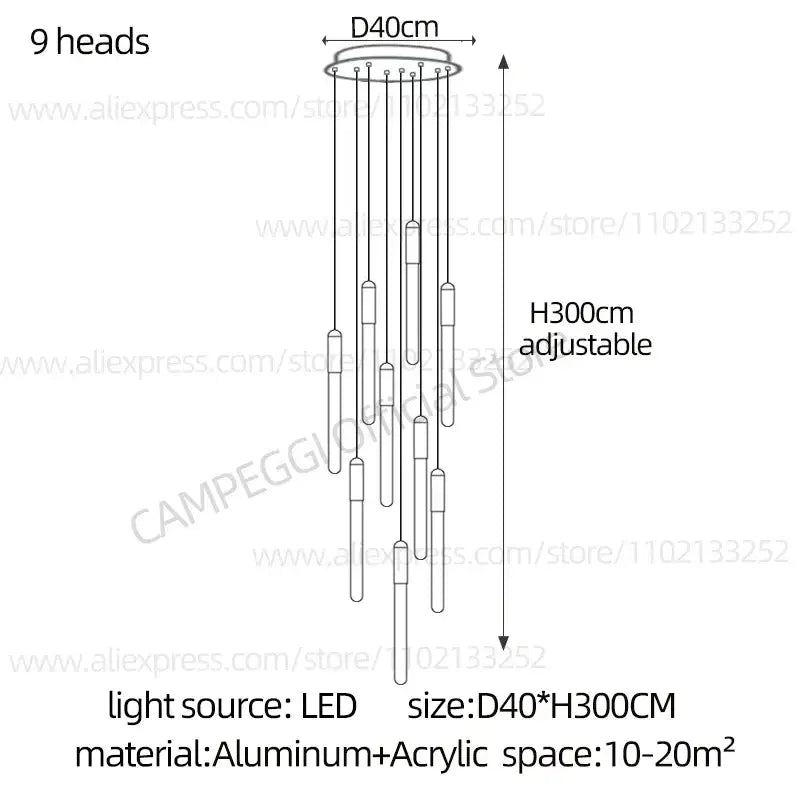 Decorbites led nordic cylinder chandelier with nine slender led heads suspended from circular aluminum base for indoor use