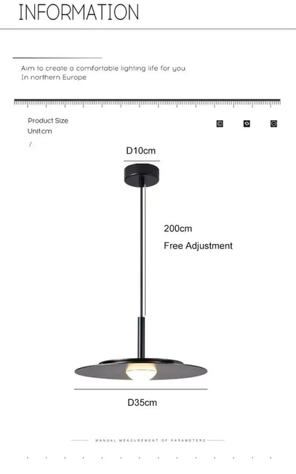 Black minimalist flying saucer chandelier with sleek circular shade and adjustable 200cm stem by DecorBites™