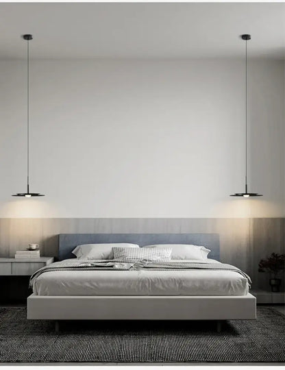 Modern gray upholstered bed with minimalist design and matching headboard below decorbites led nordic flying saucer chandelier