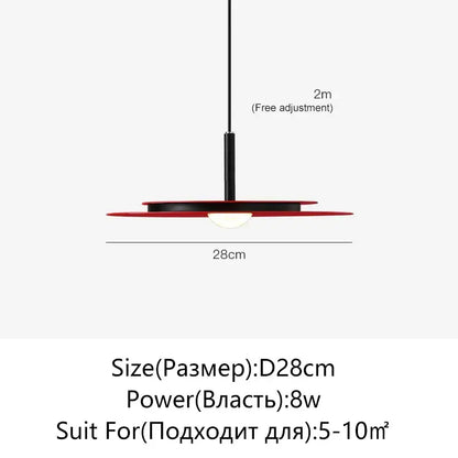 Red circular flying saucer chandelier with black central stem and adjustable 2 meter cord by DecorBites™ LED Nordic