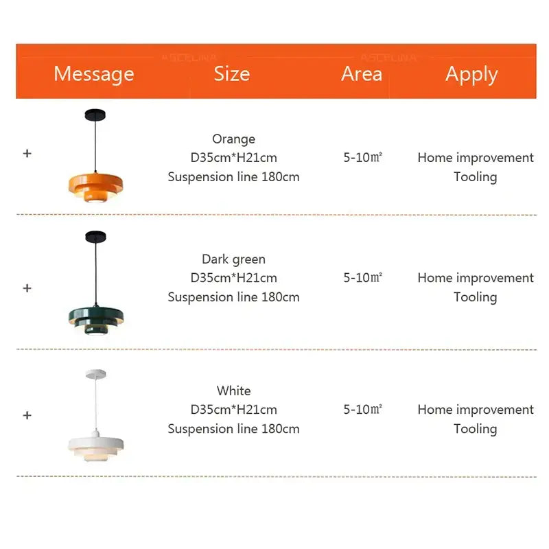 Decorbites led nordic pendant lights with orange dark green and white tiered shades suspended by black and silver lines