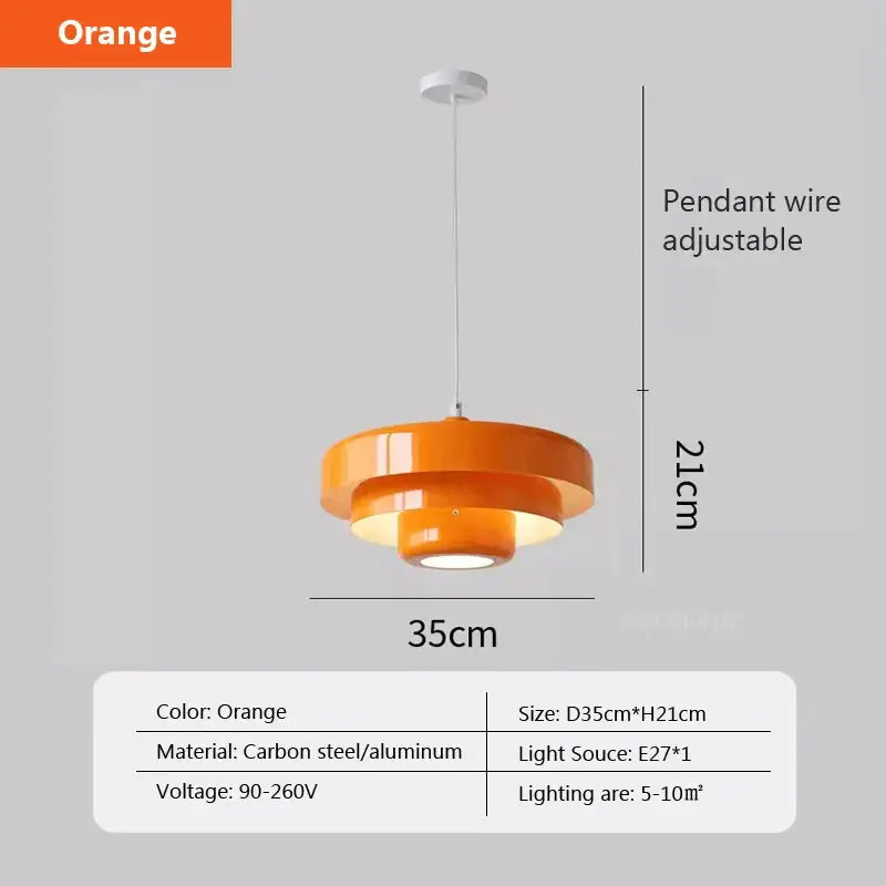 Vibrant orange DecorBites LED Nordic pendant light with layered circular design made of carbon steel and aluminum for indoor decor