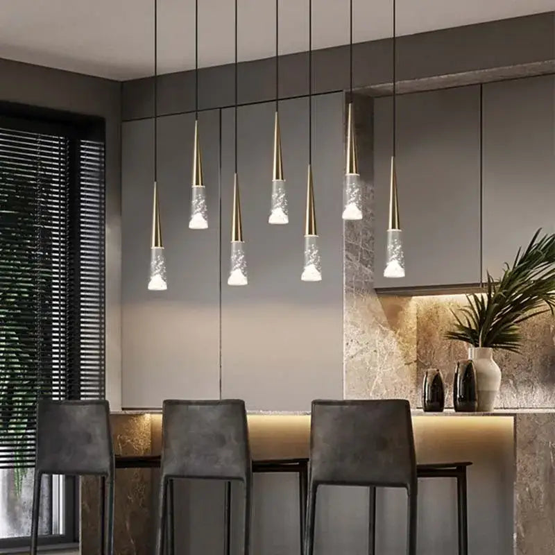 Modern DecorBites LED Nordic staircase chandelier features gold conical tops and clear textured glass shades