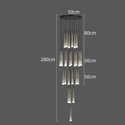 Black circular DecorBites led nordic staircase chandelier with golden metallic rods and clear crystal pendant lights