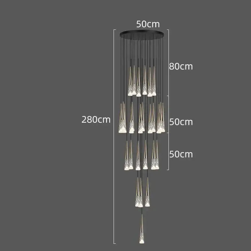 Black circular DecorBites led nordic staircase chandelier with golden metallic rods and clear crystal pendant lights
