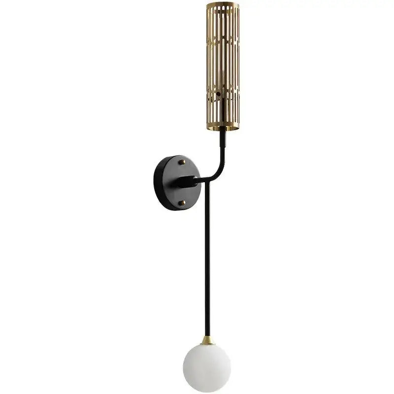 A decorbites led nordic wall sconce with a black metal base, gold-toned cage, and frosted bulb for luxury living decor