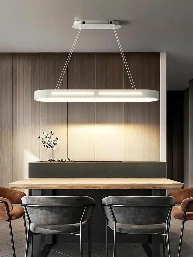 Modern white rectangular pendant light with sleek minimalist design hanging above dining table decorbites led office chandelier