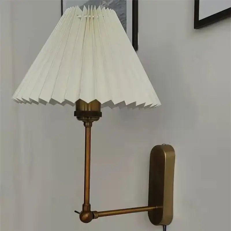 Antique brass decorbites led origami wall lamp with pleated off-white paper shade for bedroom and living room use