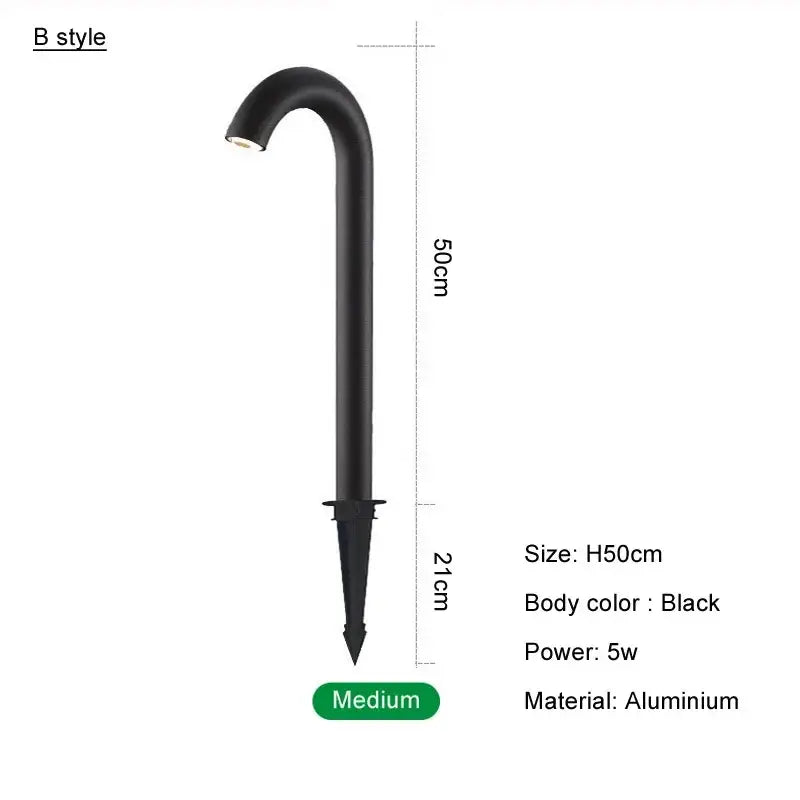 Black decorbites led outdoor aluminum bollard light with curved j-shaped design and pointed stake base for gardens