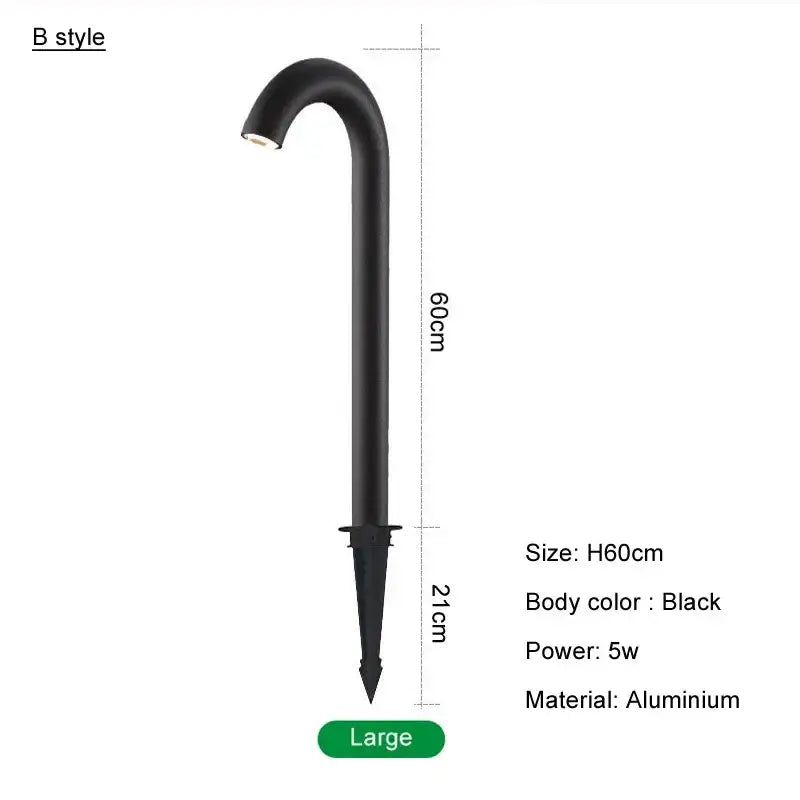 Black 60cm decorbites led outdoor aluminum bollard light with curved design and pointed stake base for landscape lighting