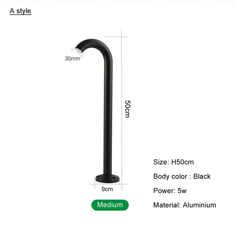 Black matte aluminum wall-mounted faucet with curved spout paired with decorbites led outdoor aluminum bollard light