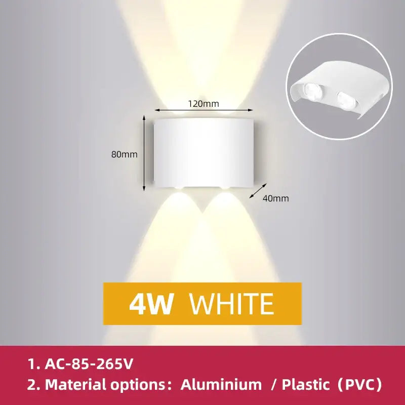 White DecorBites LED outdoor dual-head wall light with cylindrical body and two angled beams for garden and porch decor