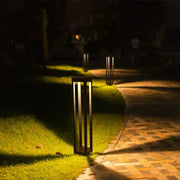 Decorbites led outdoor black metal lantern-style outdoor lawn light with vertical bars and warm led illumination