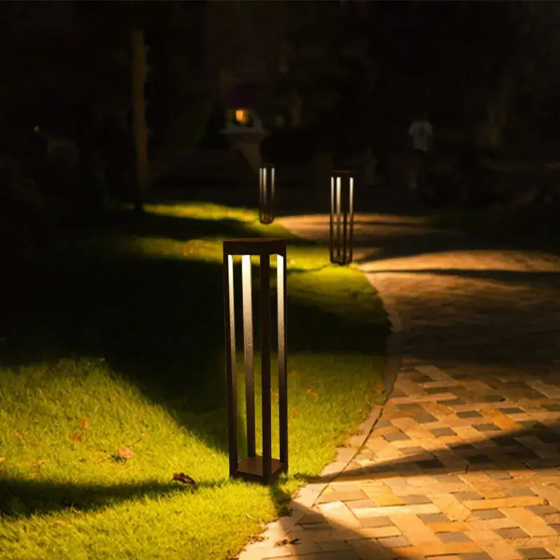 Decorbites led outdoor black metal lantern-style outdoor lawn light with vertical bars and warm led illumination