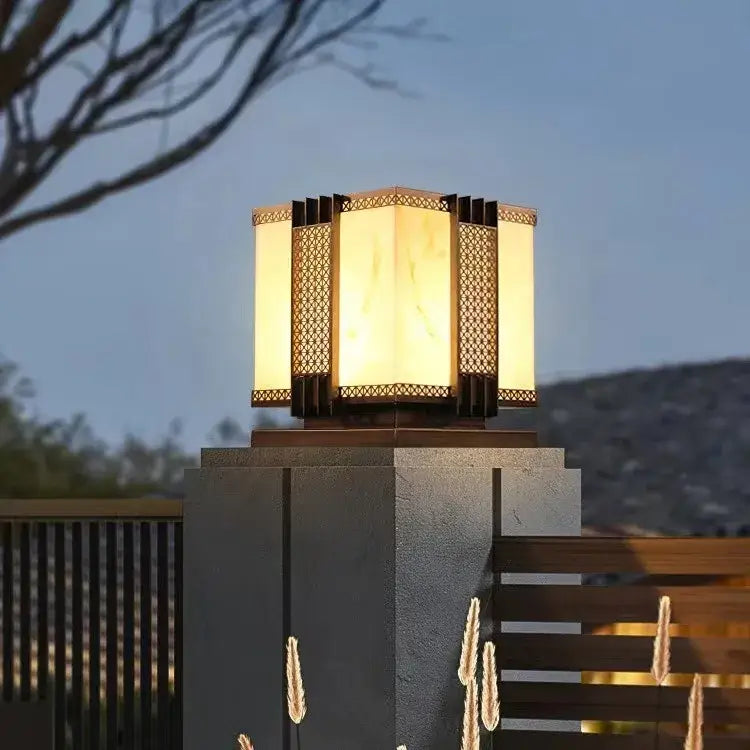 Decorbites led outdoor marble street lamp with warm-toned geometric lattice panels and soft glowing light for pillar fence lighting