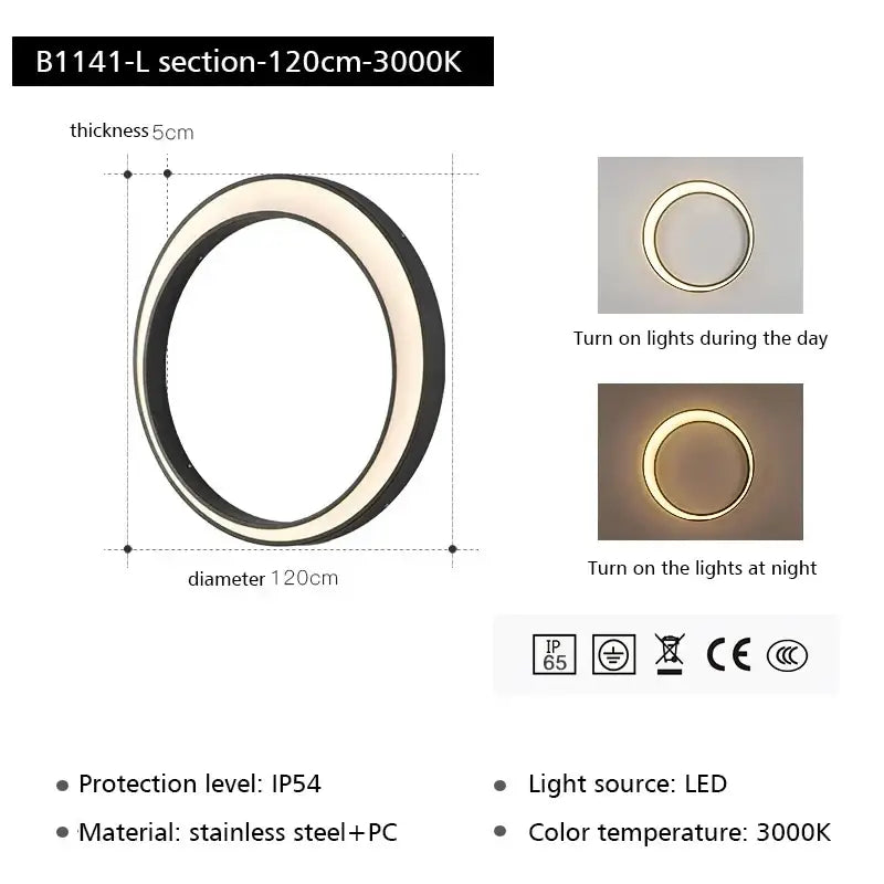 Modern circular DecorBites LED outdoor moon wall lamp with black stainless steel frame emitting warm 3000k light