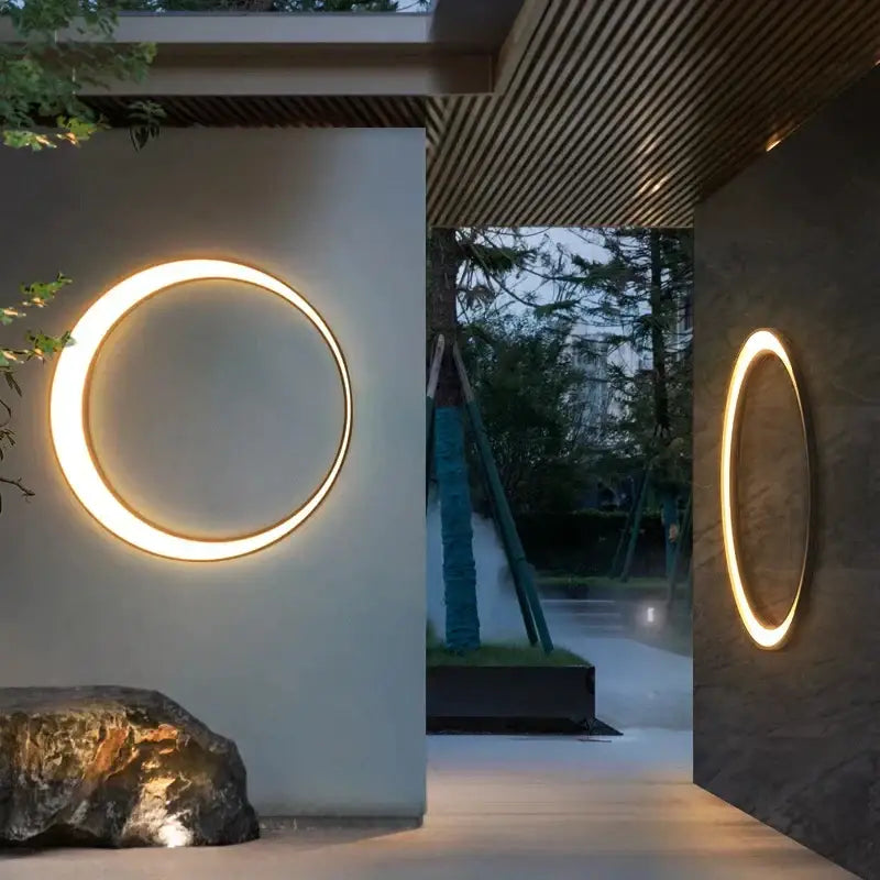 Warm circular decorbites led outdoor wall lamp with metallic frame modern minimalist led outdoor moon sconce for courtyard balcony