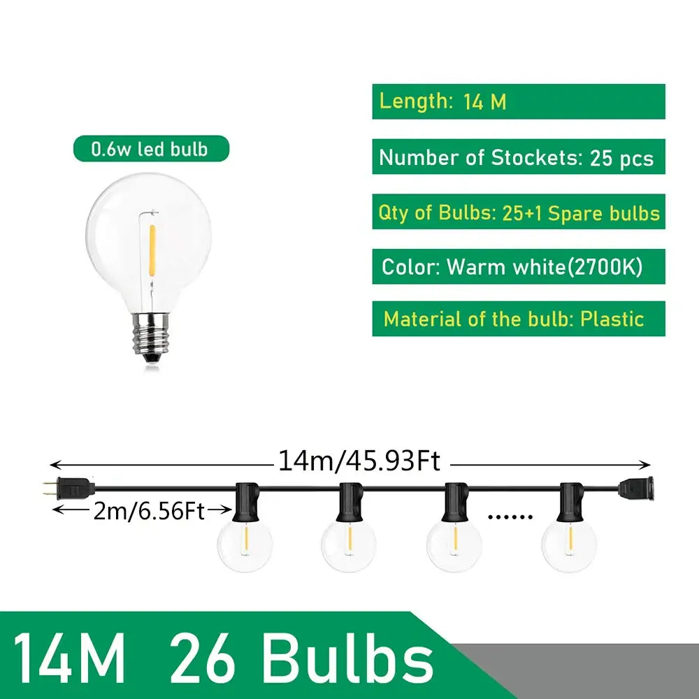 Decorbites™ 14-meter warm white outdoor string lights with 25 clear glass led bulbs plus one spare for weddings