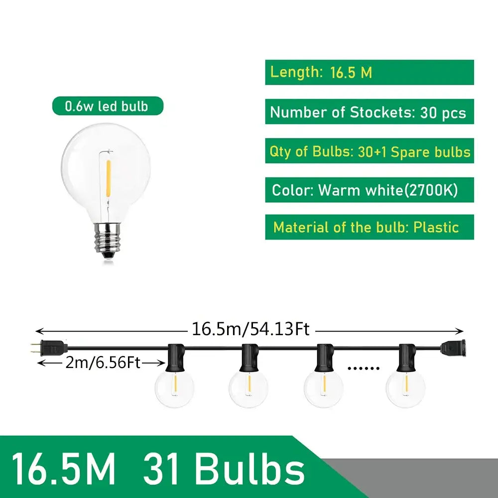 Decorbites™ led outdoor string lights 16.5m warm white 0.6w bulbs clear globes black sockets 31 bulbs including spare