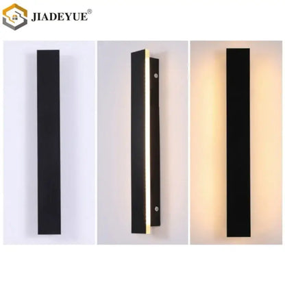 Black rectangular led outdoor wall lamp with slim modern design and warm light for balcony garden porch lighting