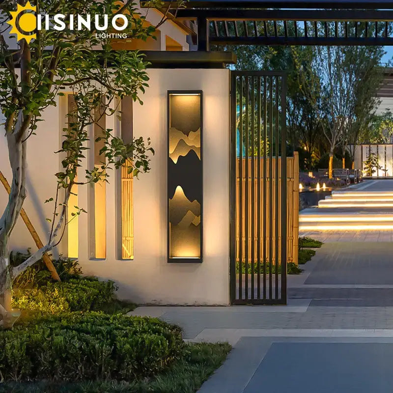 Decorbites led outdoor wall lamp with modern amber mountain silhouettes for garden courtyard lighting
