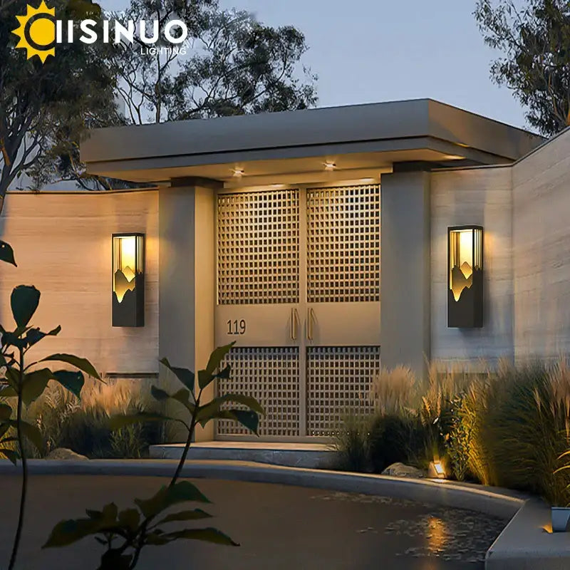 Modern black decorbites led outdoor wall lamp with gold mountain silhouette and warm led lighting for garden use