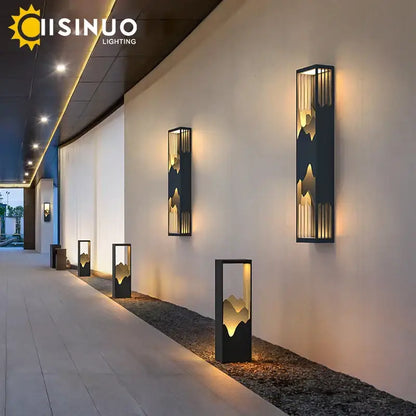 Decorbites led outdoor black metal wall sconces with golden mountain silhouette cutouts outdoor wall lamp