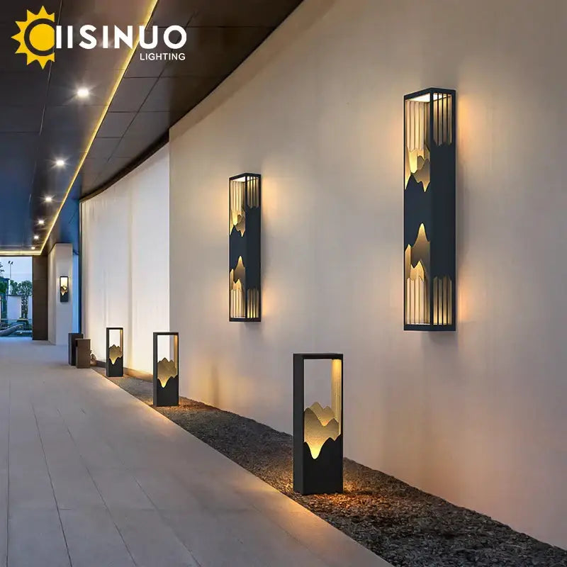 Decorbites led outdoor black metal wall sconces with golden mountain silhouette cutouts outdoor wall lamp